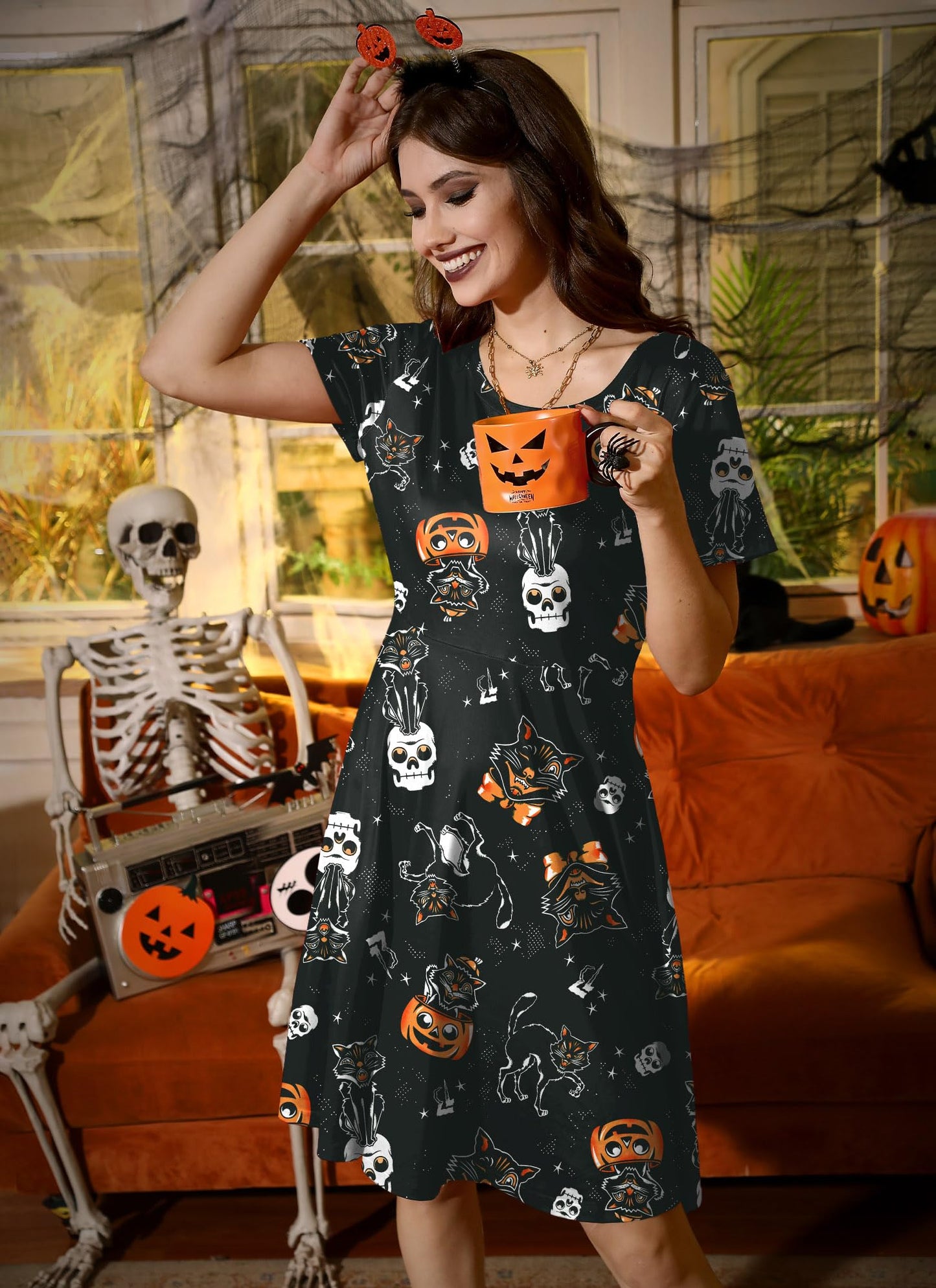 Halloween Casual Crewneck Women's Costume Funny Cute Print Cosplay Vintage Dress Jackolanterns Skulls Black Cats M
