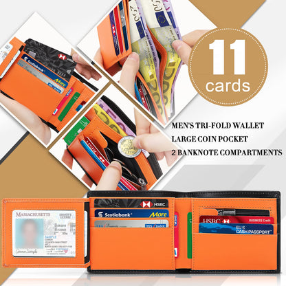 TEEHON® Wallets Slim Genuine Leather RFID Blocking Wallet with 11 Card Holder, 2 banknote compartments, Coin Pocket, Minimalist Wallets for Men UK with Gift Box - Black and Orange