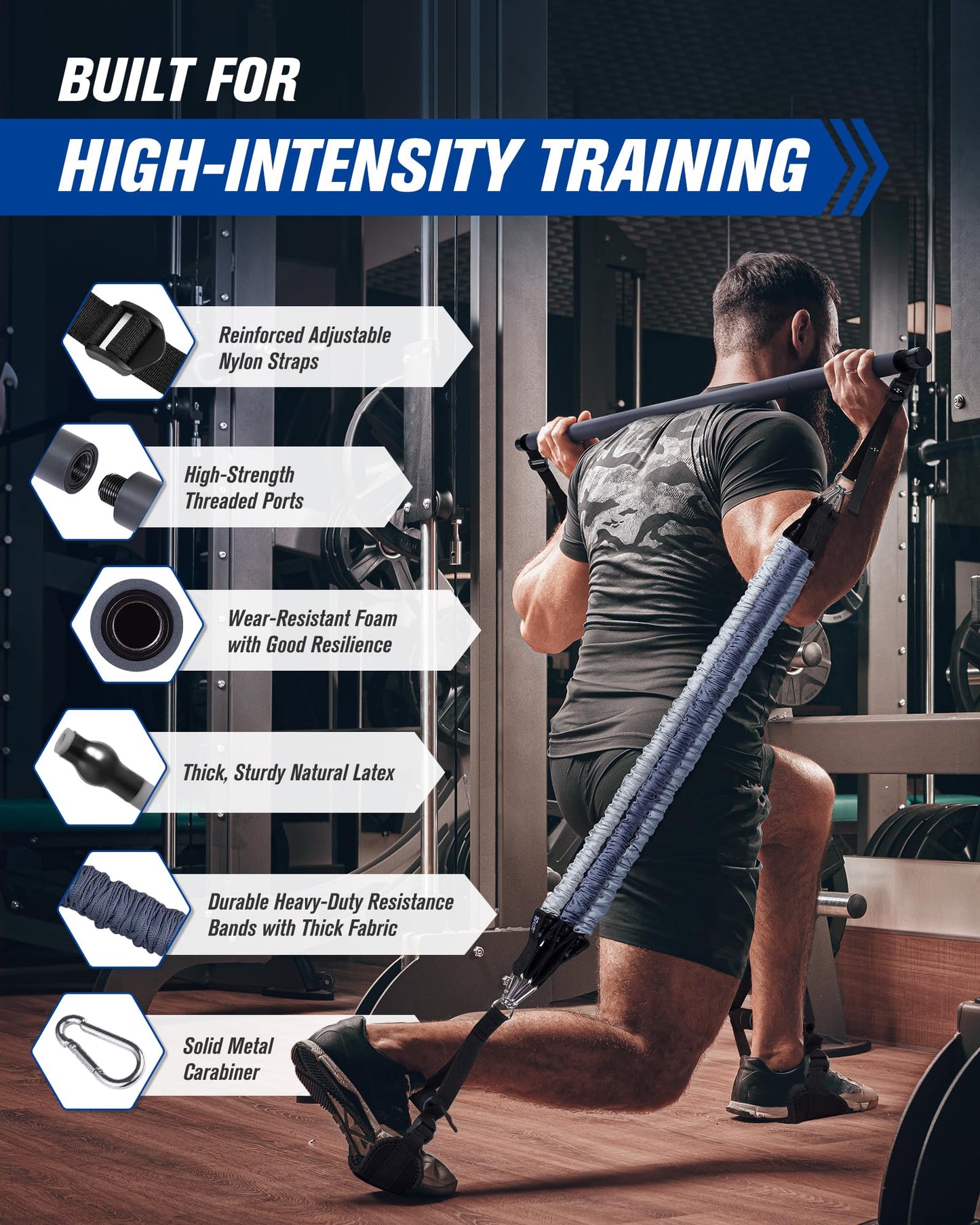 ALongSong Resistance Bands Set Men With Pilates Bar Set 6 Latex Exercise Bands 50-360Lbs/Handles Door/Anchor Pilates Equipment For Home Gym Workout Fitness