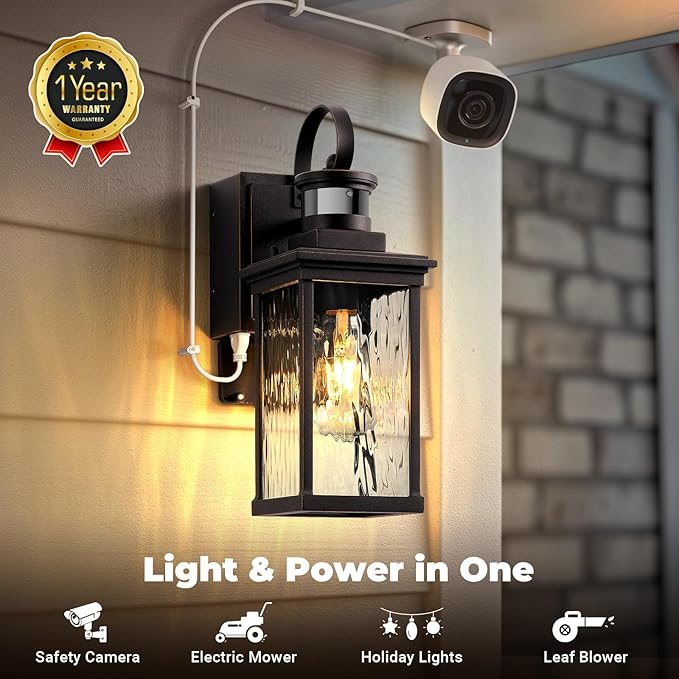 Exterior Lighting Fixtures Wall Mount for Garage with GFCI Outlet, Oil Rubbed Bronze Gold Trim Farmhouse Motion Sensor Porch Lights Outdoor, Outside Sconces for House with Water-Ripple Glass