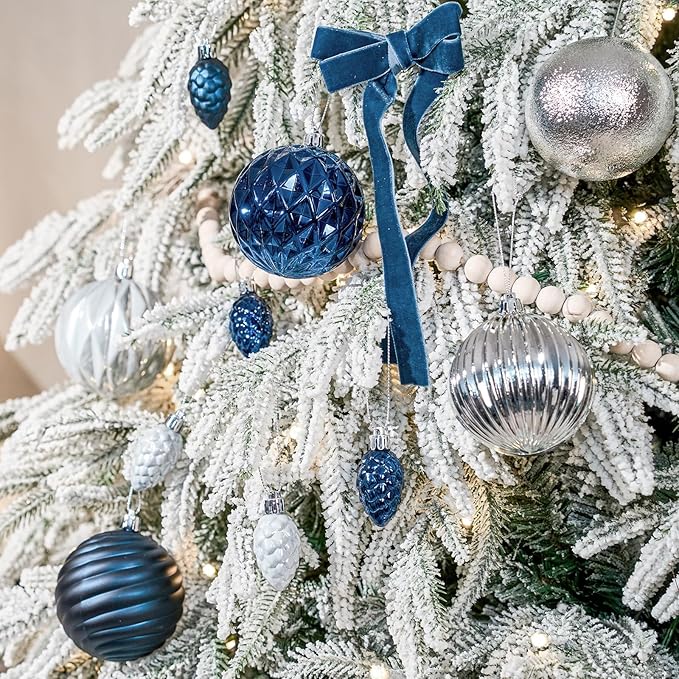 JORNOY Blue and Silver Christmas Tree Ornaments - 3.12inch/80mm Shatterproof Ornaments for Christmas Tree Set Plastic Decorative Hanging Balls Ornaments for Xmas Tree Decorations, 32ct (Blue & Silver)