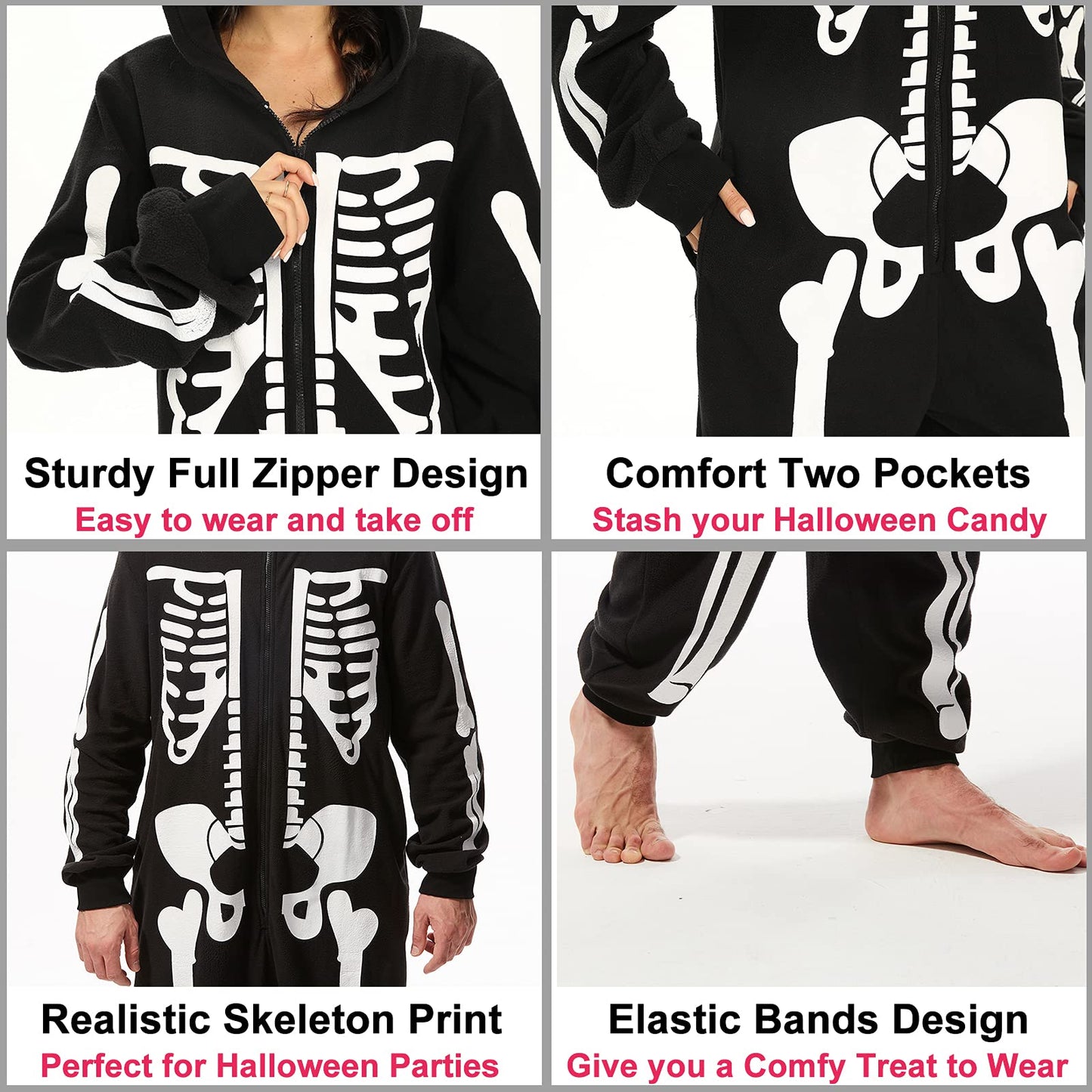 Padama Adult Halloween Skeleton Costume - Unisex Skeleton Plush Pajamas Onesie, Cozy Halloween Adult One Piece Skeleton Cosplay Costumes for Women M