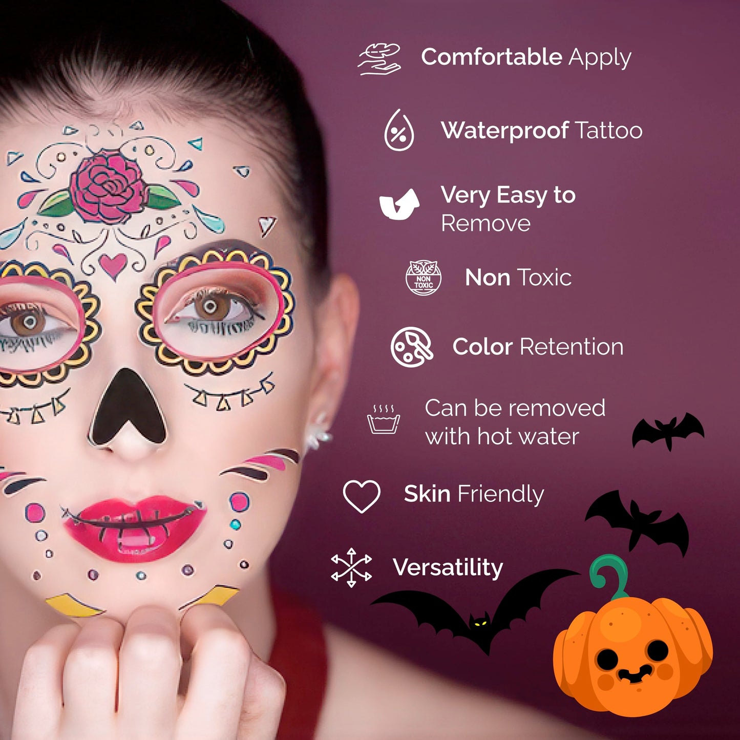 12 PCS Day of the Dead Costume Tattoos for Halloween - Temporary Sugar Skull Face Stickers for Makeup, Masquerade, Parties. Halloween tattoos, Face & Body Tattoos for Events. Day of the Dead Tattoos