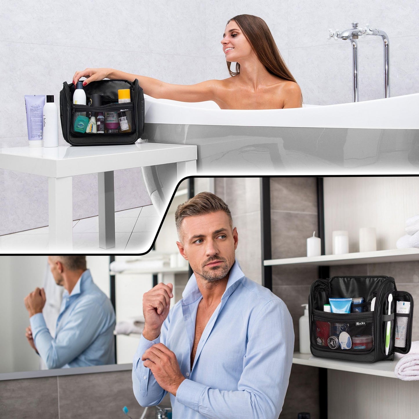 Premium Hanging Travel Toiletry Wash Bag for Men and Women - Large Toiletry Organizer - Waterproof Hygiene Bag with Metal Swivel Hook, YKK Zippers and 19 Compartments for Toiletries, Makeup, Cosmetics