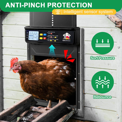 Automatic Chicken Coop Door Solar Powered with Timer, Light Sensor, Remote Control, LCD Display, Aluminum Alloy 4 Auto Modes Wide Chicken House Door, Anti-Pinch, Weatherproof, USB Backup, Black
