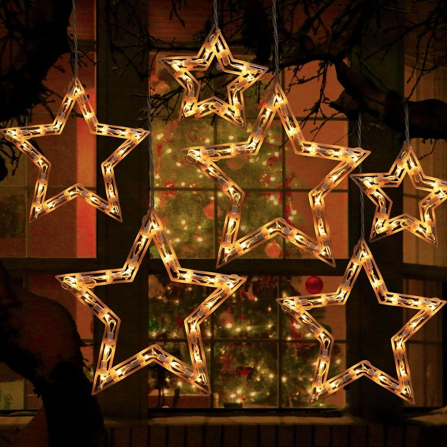 Minetom Christmas Star Icicle String Lights with 6 Drops - 9ft Star Window Lights with 100 Mini Bulbs, Plug-in Connectable Curtain Hanging Lights for Christmas Home Indoor Outdoor Party Holiday Decor