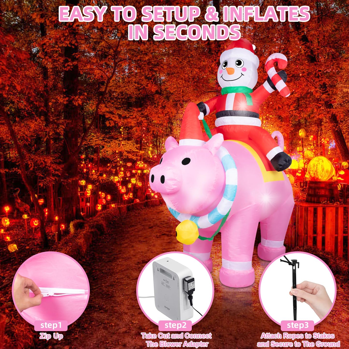 7FT Halloween Inflatables Cute Inflatable Halloween Inflatable Santa with Pink Pig Halloween Decorations Outdoor Halloween Blow Up for Yard, Outside, Built-in LED Lights with Tether