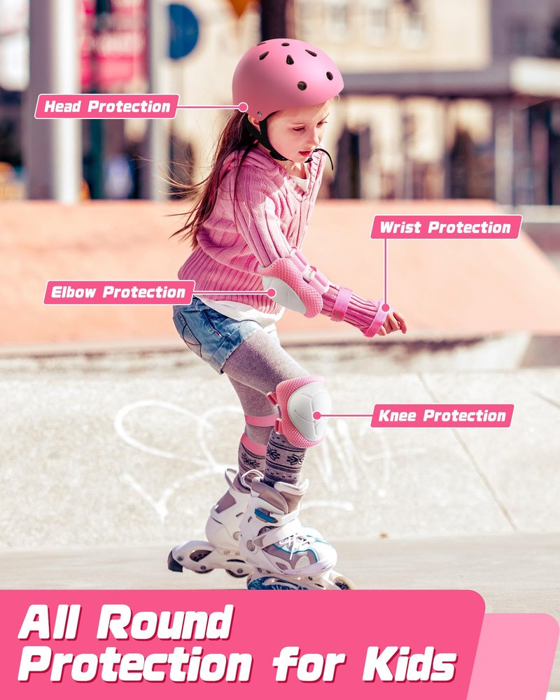 Kids Bike Helmet Set, Adjustable Helmet for Ages 3-10 Year Boys Girls, Pad Set with Knee and Elbow Pads for Bike, Roller, Skating, Scooter, Longboard and More Sports