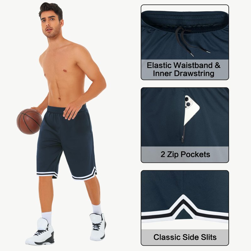 JWM Mens 11" Gym Basketball Shorts with Zipper Pockets - Long Quick Dry Lightweight Mesh Athletic Shorts for Workout Running Navy
