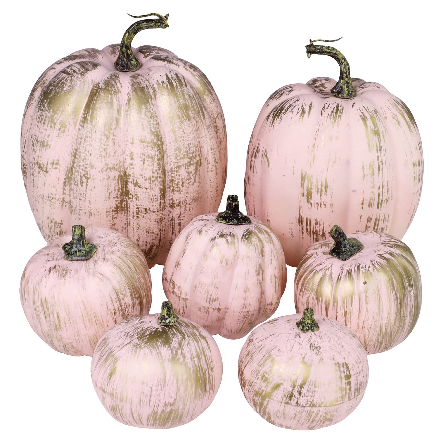7 Pcs Assorted Artificial Gold Brushed Pink Pumpkins Rustic Decorative Foam Pumpkins for Fall Halloween Harvest Wedding Baby Shower Tabletop Centerpiece Mantel Kitchen Decoration