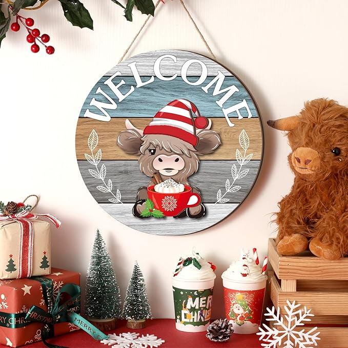 35 Pcs Christmas Interchangeable Highland Cow Welcome Sign Highland Cow Seasonal Wooden Hanging Door Decor Thanksgiving Farmhouse Hanging Sign for Front Door Xmas Party Decoration Gift(Light Blue)