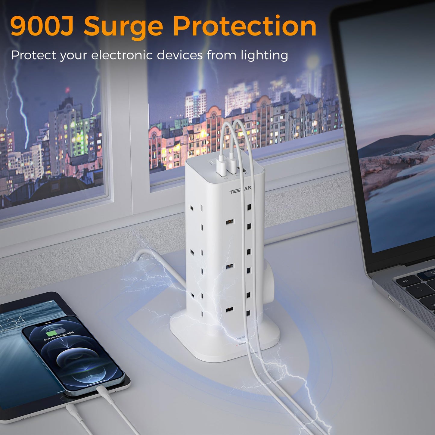 Tower Extension Lead with 3 USB Slots, TESSAN 12 Way Multi Plug Adaptor with Switch, Surge Protected Power Strip with 2M Cable (13A 3250W) for Home, Office, Kitchen, School Supplies