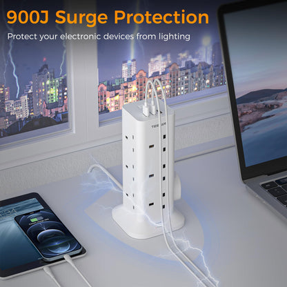 Tower Extension Lead with 3 USB Slots, TESSAN 12 Way Multi Plug Adaptor with Switch, Surge Protected Power Strip with 2M Cable (13A 3250W) for Home, Office, Kitchen, School Supplies