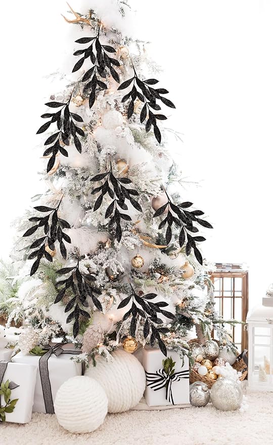 DILATATA 6Pcs Christmas Glitter Leaves Bay Leaves Spray 24" Artificial Black Bay Leaf Picks Sprays Giltter Stems for Halloween Centerpiece Christmas Home Decor Home Decor - Black
