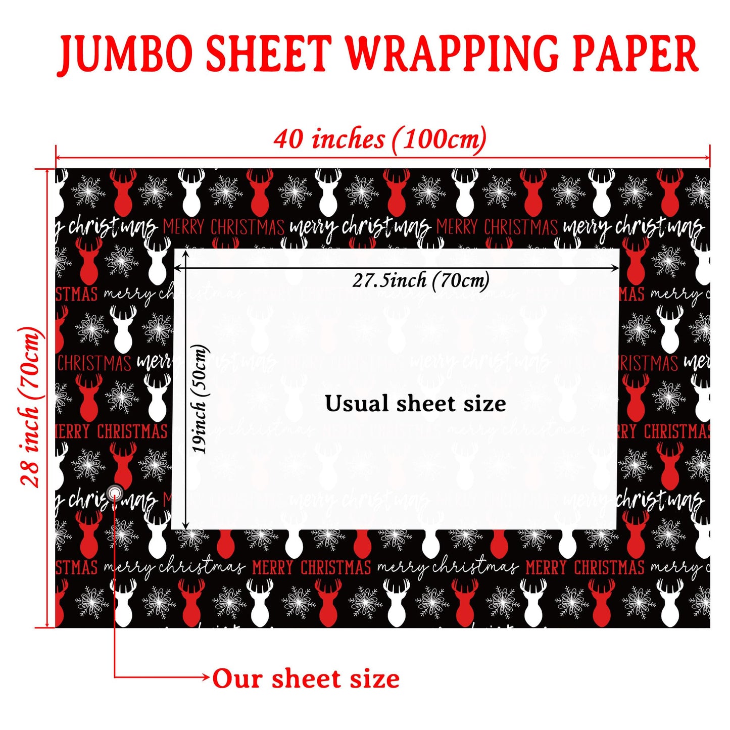 ZINTBIAL Christmas Wrapping Paper for Kids Adults - Xmas Wrapping Paper with Red/Black Plaid, Reindeer, Gnome, “Ho Ho” Words - 28 x 40 Inches, 6 Jumbo Sheets, Easy to Store