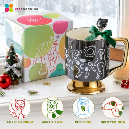 xifengching Christmas Mugs Whimsical Animal Ceramic fun Coffee Mug – 14oz Childlike Hand-Drawn Cat, Dog & Bear Design – Cute gothic Coffee Cup Gift for Women, Girls, Kids (Black)