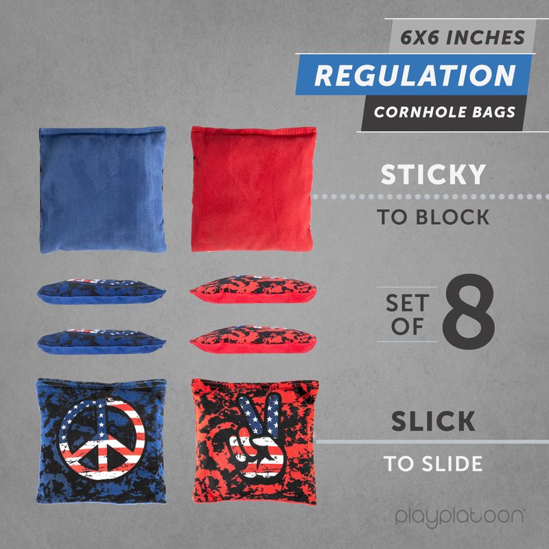 Play Platoon Professional Cornhole Bags - Set of 8 Regulation All Weather Double Sided - Sticky Side/Slick Side Bean Bags for Pro Corn Hole Game, Slick Duck Canvas & Sticky Suede - Peace