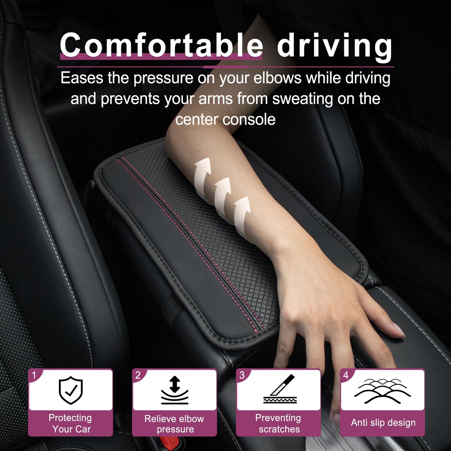 Amiss Car Center Console Pad, Universal Waterproof Car Armrest Seat Box Cover, PU Leather Auto Armrest Cover Protector，Vehicle Interior Accessories fits SUV/Truck/Car (Black-Pink)