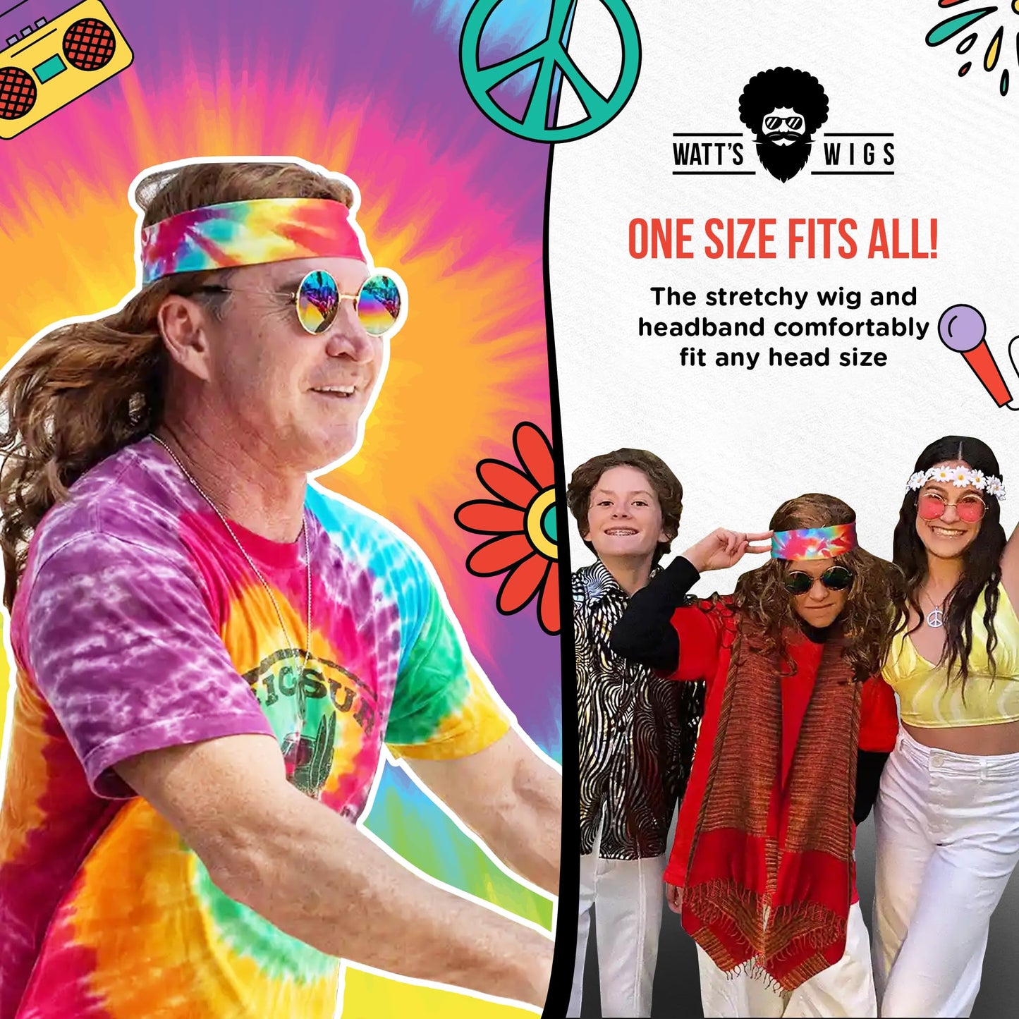 Watt's Wigs - Hippie Costume Set, Brown Wig, Tie Dye Headband, Rainbow Sunglasses, and Peace Medallion Necklace - 60s or 70s Hippy Woodstock Cosplay