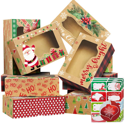 Party Funny 12 Christmas Cookie Boxes -Large Holiday Bakery Food Container for Gift Giving with 80 Count Christmas Foil Gift Stickers