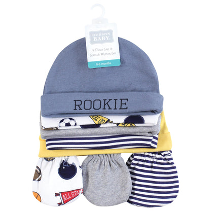 Hudson Baby Infant Boy Cotton Cap and Scratch Mitten Set, Sports Fan, 0-6 Months