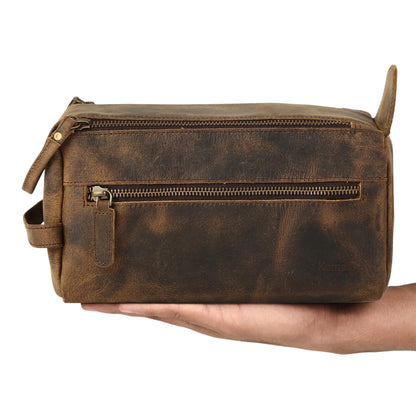 KomalC Premium Buffalo Leather Unisex Toiletry Bag Travel Dopp Kit (Distressed Tan)