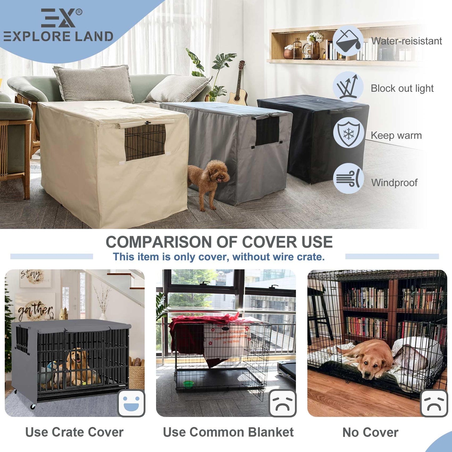 Explore Land Dog Crate Cover - Durable Polyester 30 Inch - Universal Fit for Metal Dog Crate (Grey)