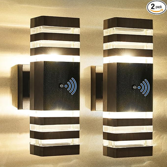 2PK Dusk to Dawn Sensor Outdoor Wall Lights Up Down Porch Lights Modern Exterior Light Fixtures Photocell Waterproof Black Aluminum Housing for Front Porch, Patio, Garage (Use Two E26 Bulbs)
