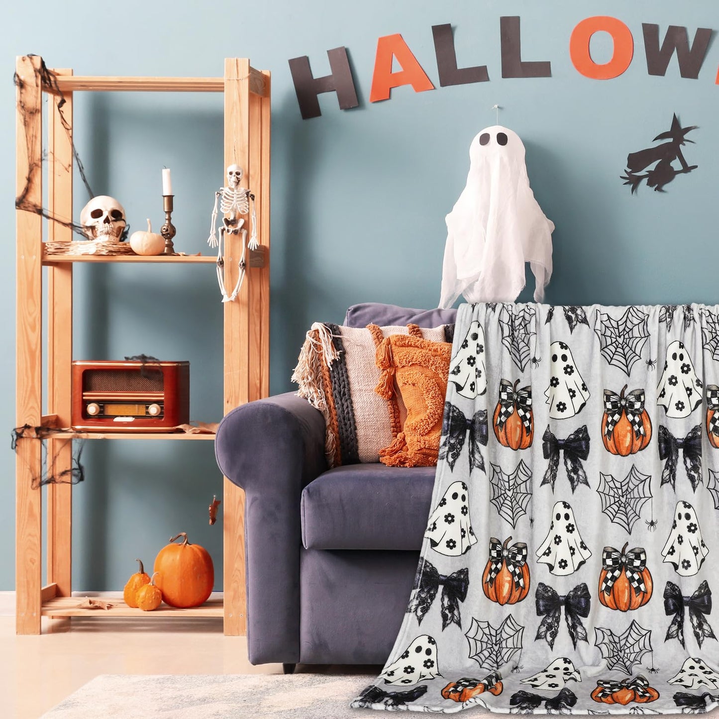 JarThenaAMCS Halloween Flannel Blanket 60 x 50 Inch Ghost Pumpkin Bow Decorative Throw Blanket Soft Gray Blanket for Home Chair Sofa Couch Bed