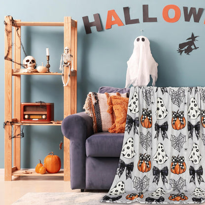 JarThenaAMCS Halloween Flannel Blanket 60 x 50 Inch Ghost Pumpkin Bow Decorative Throw Blanket Soft Gray Blanket for Home Chair Sofa Couch Bed
