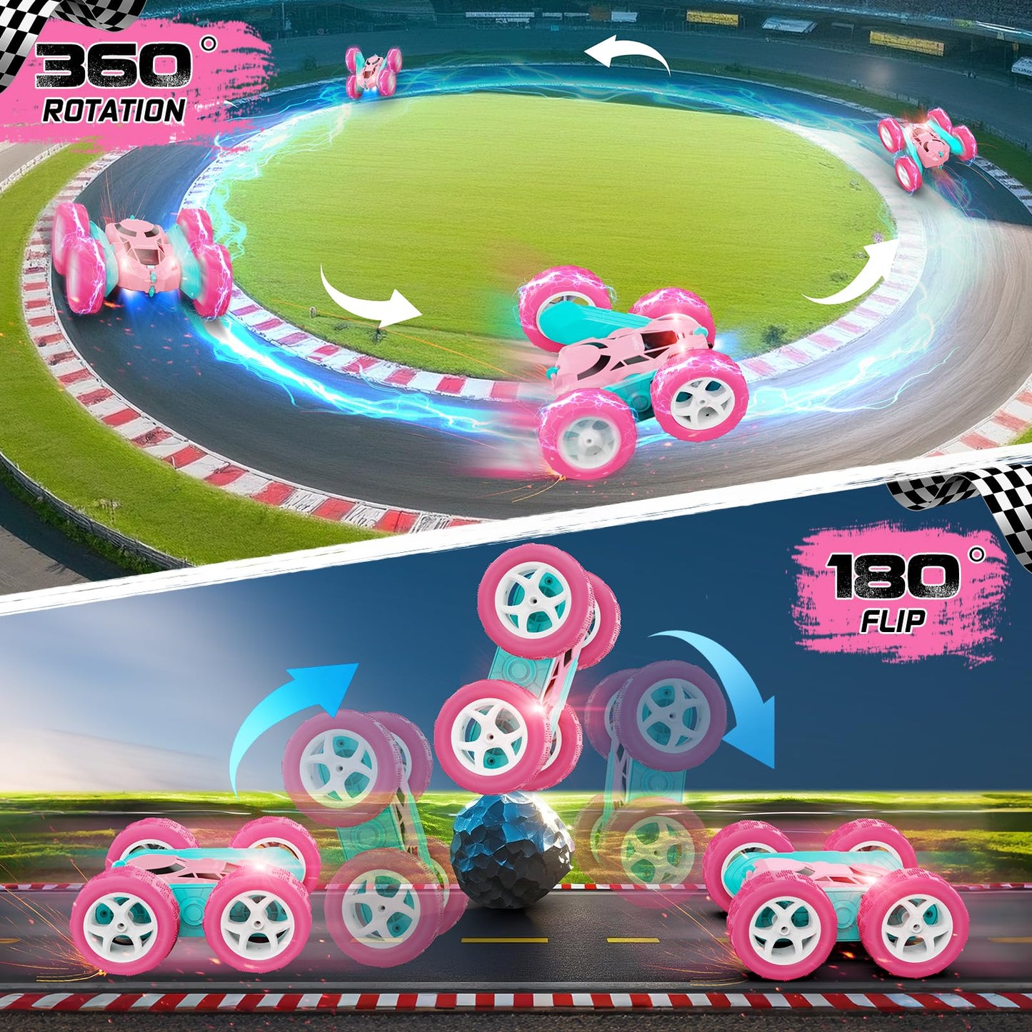 cosone Pink Remote Control Car for Girls, RC Stunt Car Double Sided 360°Flip with Headlights, All Terrain Tires, Rechargeable Batteries Toy Car for 6 7 8 9 10 11 12 Girls Birthday