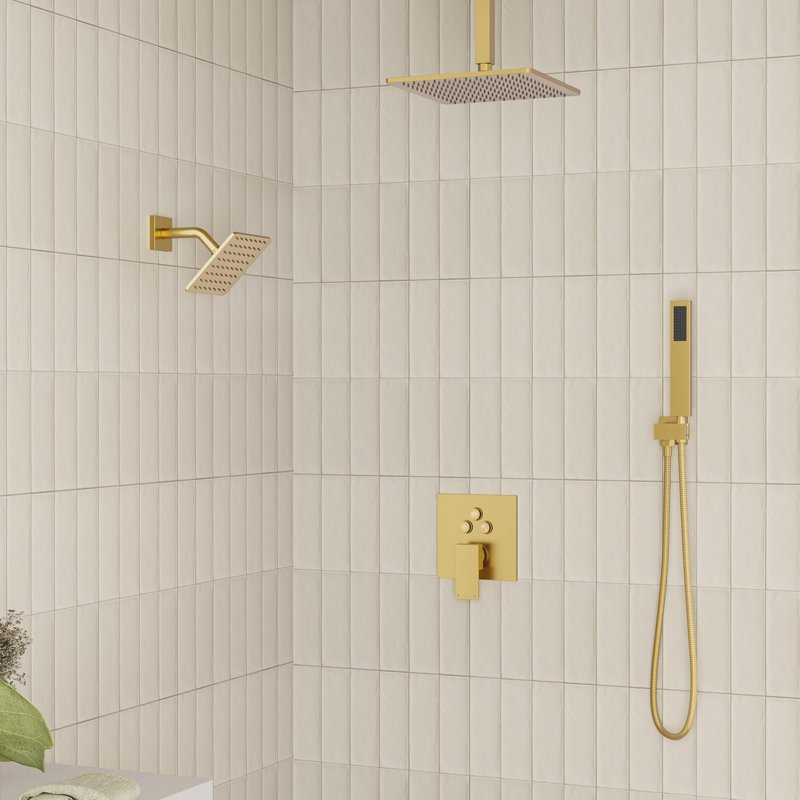Gold Shower Faucet Set, Brushed Gold Shower System, 10'' Ceiling Shower Head and 6'' Wall Mounted ShowerHead, Dual Gold Shower Head with Handheld Combo, 3 In 1 Push Button Shower Diverter Valve