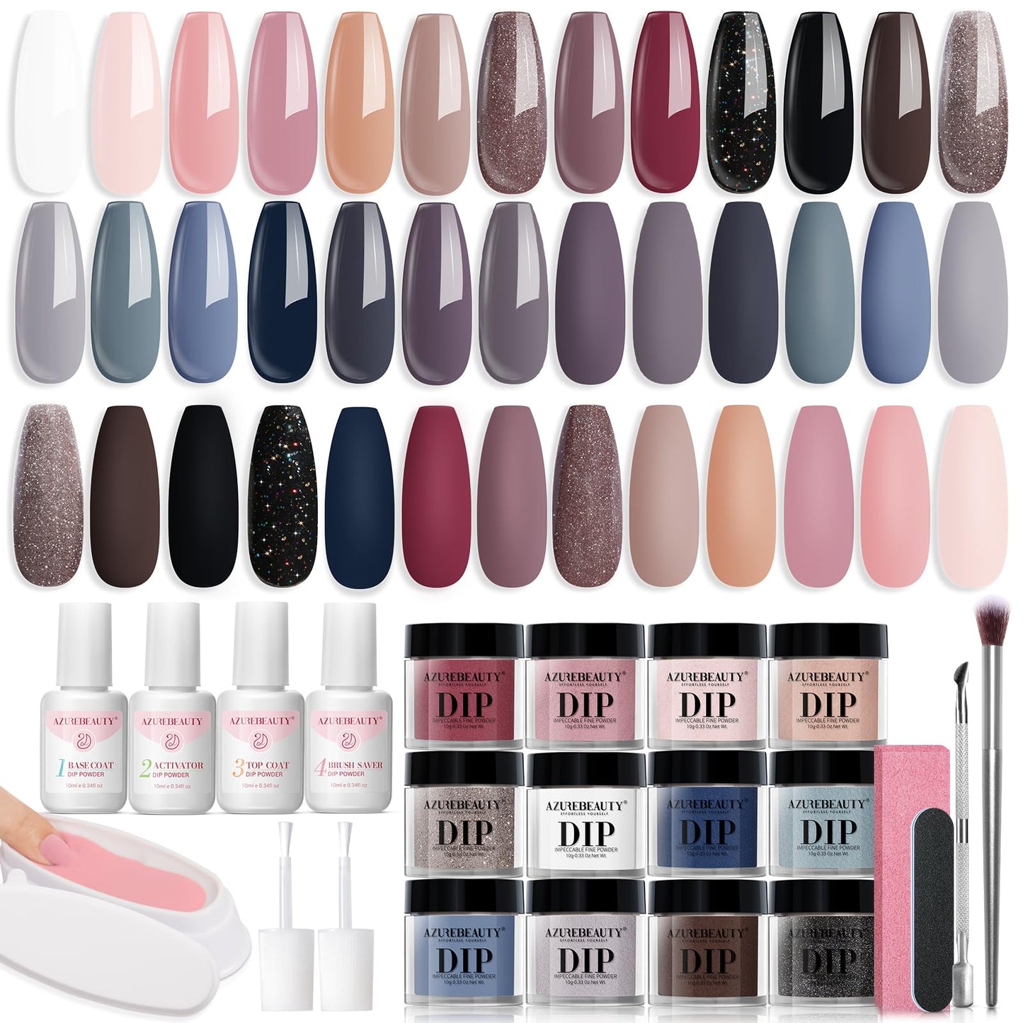 AZUREBEAUTY 31 Pcs Dip Powder Nail Kit 20 Colors Glitter Nude Brown Pink White Gray Dip Powder Liquid Set with Top/Base Coat Activator for French Nails Art Manicure DIY Salon Women Valentine's Gift