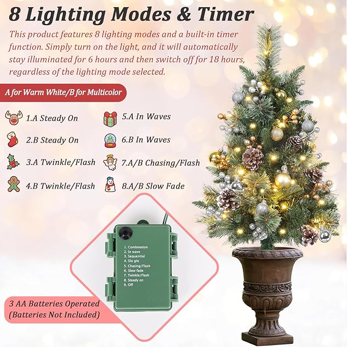 2 Packs 30 Inch Pre-Lit Outdoor Christmas Trees Urn Filler, Small Lighted Xmas Tree Holiday Décor with Multi-Color & WW Waterproof String Lights, Gold & Silver Berry Stems, 10 Pine Cones