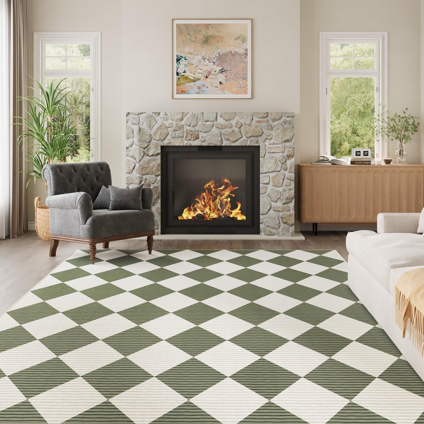 ARKIIKI 5x7 Washable Checkered Rugs for Bedroom, Green and White Area Rug for Living Room, Geometric Faux Wool Carpet for Kids, Girls, Boys Playroom, Dorm, Nursery, Dining Room, Kitchen, Non Slip