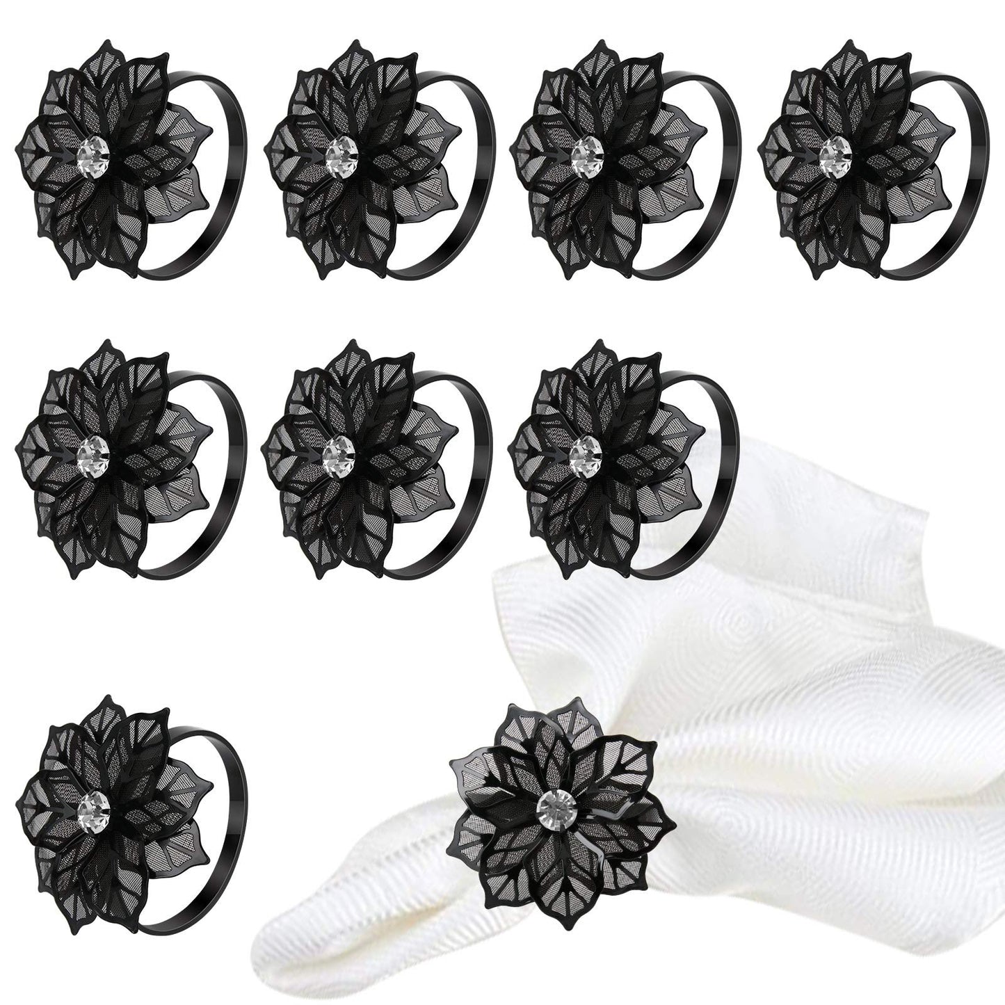 BEAVOING Pack of 18 Napkin Rings Alloy Hollow Out Flower Napkin Holder Dinning Table Napkin Ring for Dinner Parties Wedding Banquet Table Setting Family Gatherings Table Decor (Black Flower, 18)