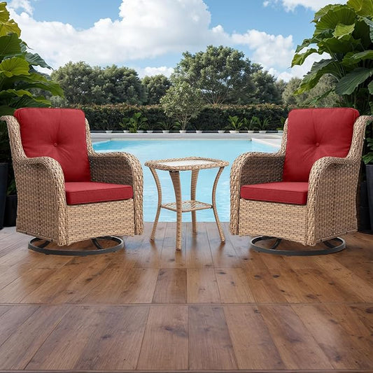 Rilyson Patio Chairs Rocking Swivel Chiar - 3 Piece Outdoor Wicker Patio Bistro Set Rattan Rocker Glider Chairs with High Back and Deep Seating for Outside Porch Deck Garden(Yellow/Red)