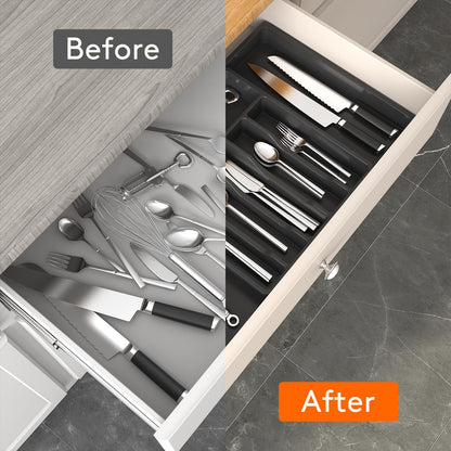 Lifewit Large Cutlery Drawer Organiser, Extendable Cutlery Tray, Kitchen Utensil Spoons Forks Knives Holder Storage, 8 Compartment, Black