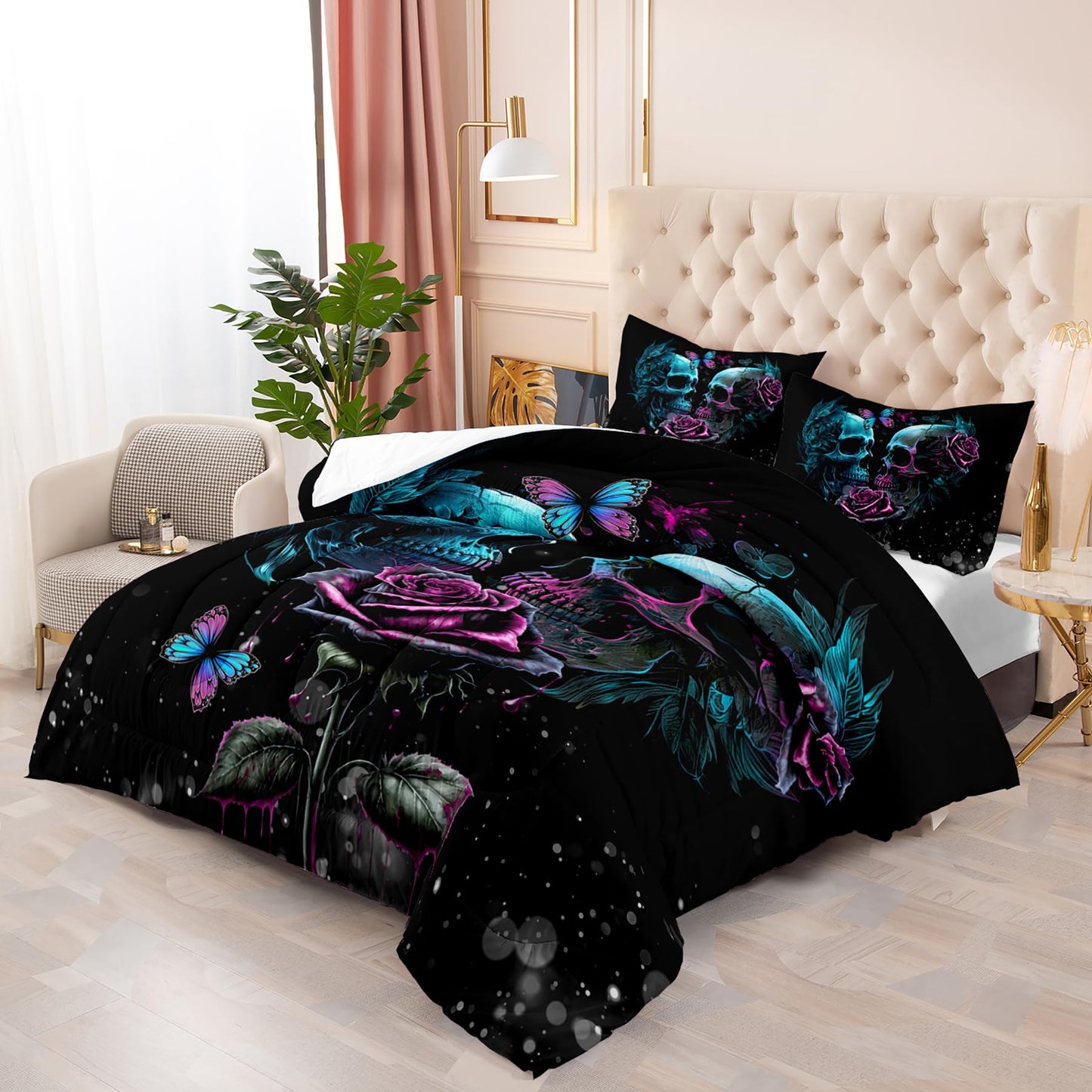 Tuzaovy Skull Bedding Set Queen Size,Goth Bedding Sets Queen with Comforter,Skull Comforter Set,Rose Comforter Halloween Skull Bed Comforter,Blue Comforter Black Bedding Skull Quilt