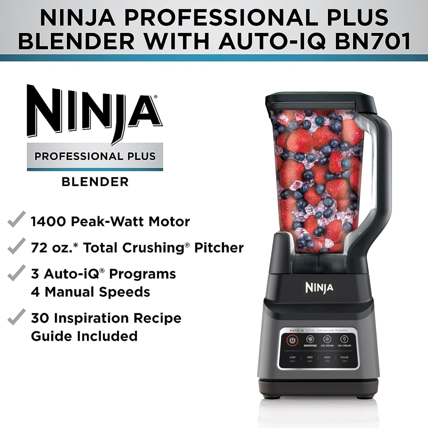 Ninja BL660 Professional Compact Smoothie & Food Processing Blender, 1100-Watts, 3 Functions -for Frozen Drinks, Smoothies, Sauces, & More, 72-oz.* Pitcher, (2) 16-oz. To-Go Cups & Spout Lids, Gray