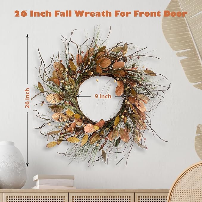26 Inch Fall Wreath for Front Door Pip Berry Pinecone Autumn Wreath with Pine Needle and Magnolia Leaves, Large Grapevine Wreaths for Fall Door Decor Farmhouse Wall Window Home Decoration