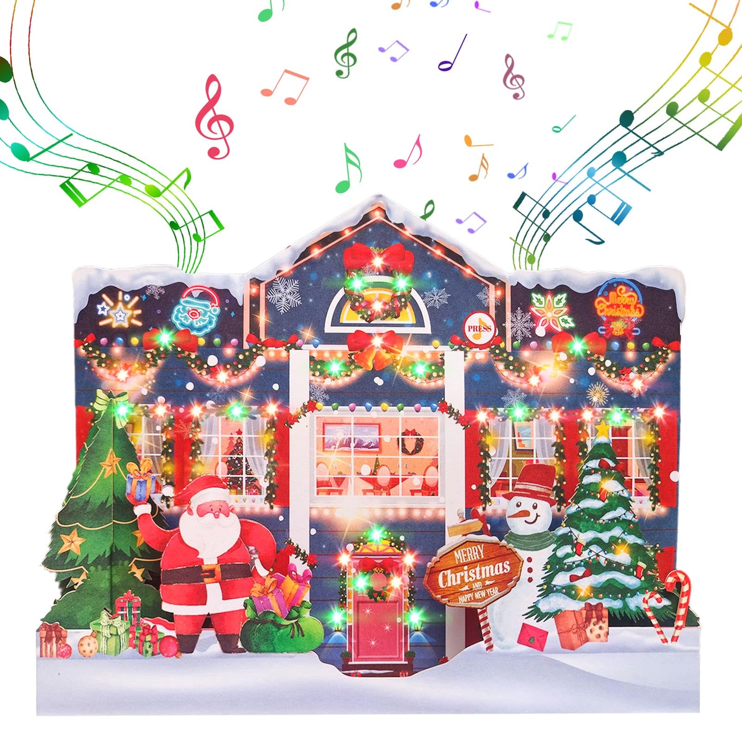 MZD8391 3D Pop Up Christmas Cards with Music and Lights, Animated Christmas Gift Card, Playing 3 Songs with 3 Matching Lights Blinking Modes (Envelope Included)