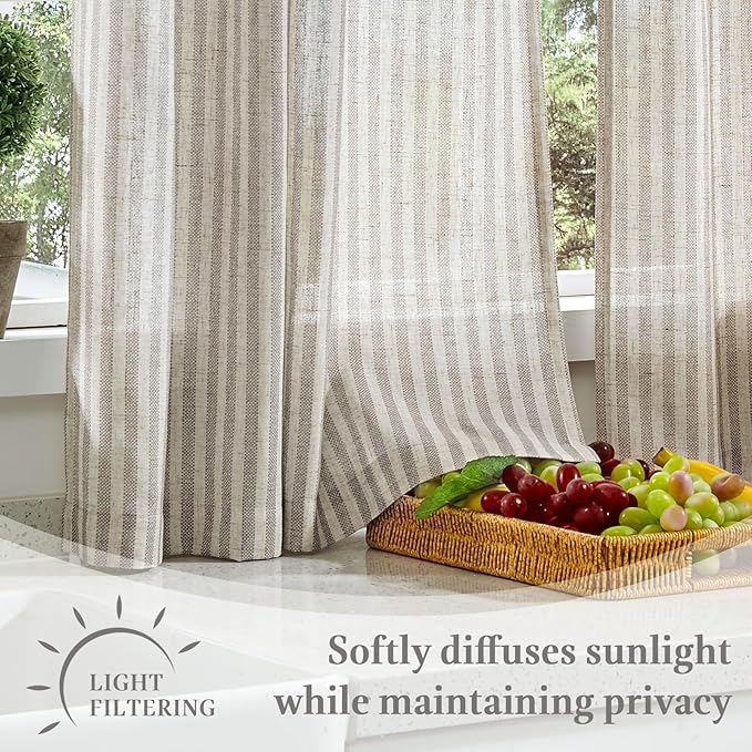 jinchan Striped Linen Kitchen Curtains with Attached Valance 24 Inch Length Cafe Tier Curtains for Living Room Rustic Half Window Light Filtering Rod Pocket Small Drapes 2 Panels Taupe Grey