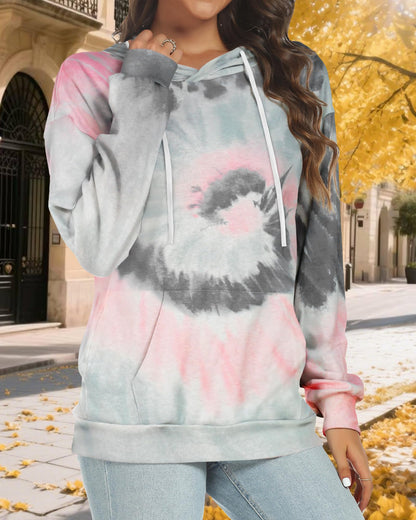 rosemia Womens 2023 Hooded Drawstring Pullover Sweatshirts Casual Long Sleeve Basis Tops Shirts(Grey Pink Tie Dye,XL)