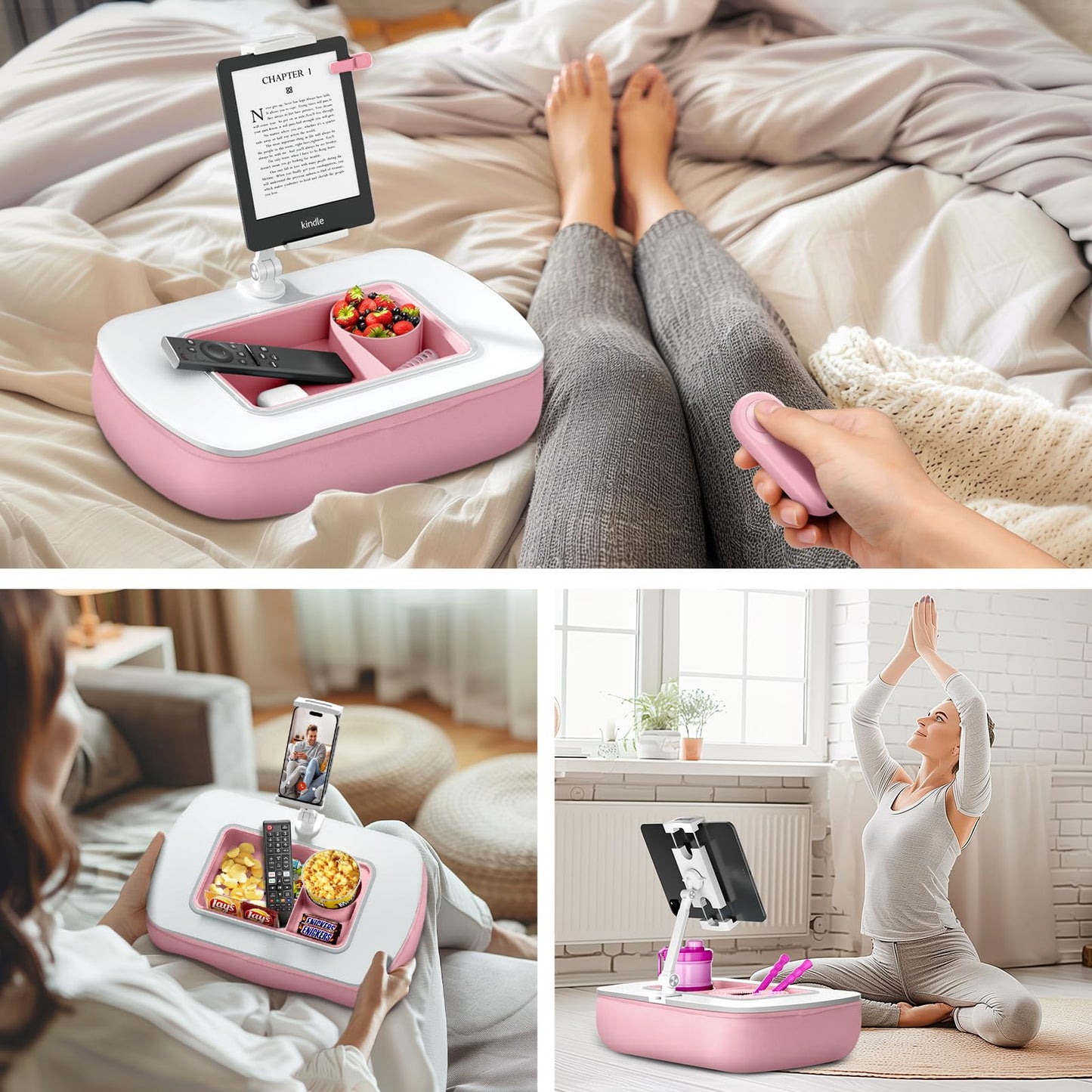 ERGONOV Lap Beanbag Tablet Pillow Stand with Snack Bowl and 360° Rotating Arm, Adjustable iPad Holder for Bed, Couch, and Recliner, Compatible with 4.7"-13" Kindle, iPad, Tablet, Phone,Pink