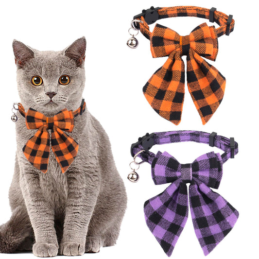 ADOGGYGO Halloween Cat Collars with Removable Bow Bell, 2 Pack Orange Purple Plaid Halloween Bowtie Collar for Cats Kittens