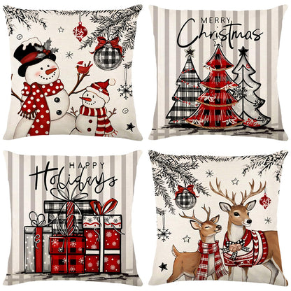 Aursaos Happy Holiday Merry Christmas Plaid Pillow Covers 18x18 Set of 4, Grey Striped Red Buffalo Plaid Snowman Tree Deer Decorative Winter Throw Pillow Case for Couch Sofa Living Room