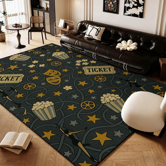 Movie Area Rugs, Popcorn Film Reel Stars Rug, Vintage Movie Theater Area Rug, Cinema Sign, Vintage Film Carpet for Home Cinema Living Room Bedroom Office (5' x 7' (Rectangular))