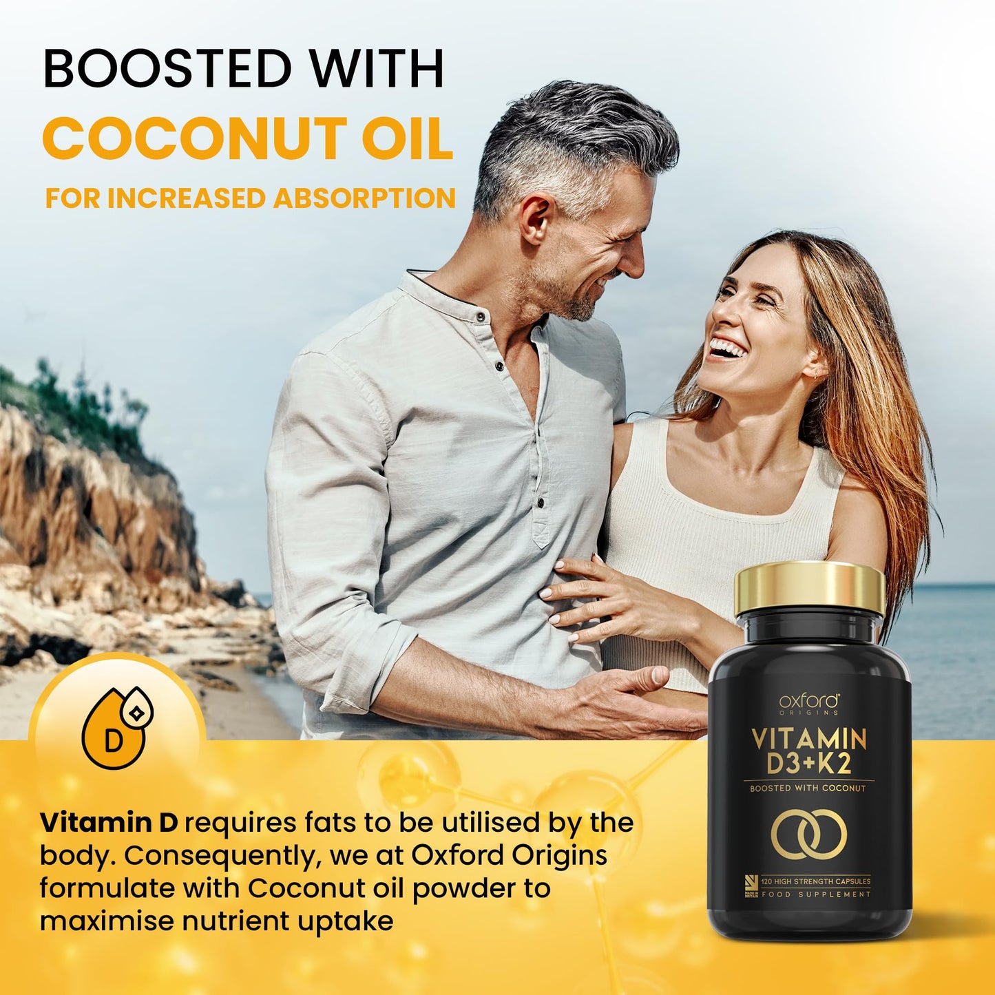 Oxford Origins Vitamin D3 K2 Capsules | Made in The UK | 4000 iu Vitamin D3 & 100mcg K2 MK7 | Boosted with Coconut MCTs for Absorption | 4 Month Supply - 120 Capsules