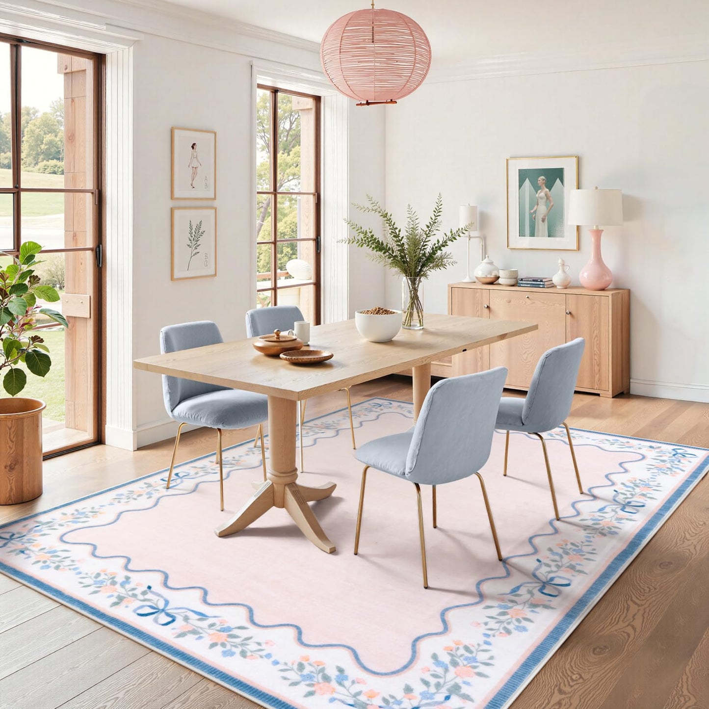 Seavish Pink Floral Rugs for Bedroom Girls, 5x7 Area Rugs for Living Room, Soft Washable Scalloped Nursery Rug, Boho Farmhouse Non-Slip Low Pile Carpet Rug for Kids Playroom Dining Room Office